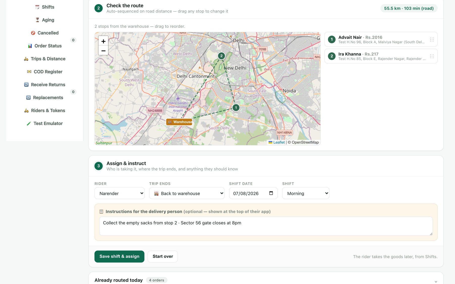 Route planning — Stops sequenced on real roads